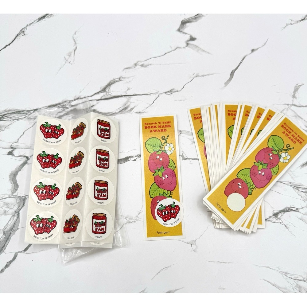Vintage CTP Scratch 'n Sniff Stickers Pack 36 Bookmark Awards Strawberry 1980s